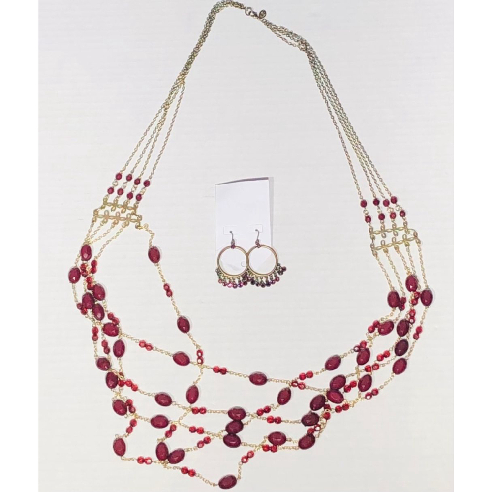 Vintage Burgundy Beaded Gold Chain Necklace Earrings Set